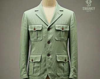 Herren Grüne Leinen Safari Jacke, Vier Taschen Reisemantel
