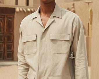 Camisa de linho respirável com quatro bolsos: roupa de praia masculina para o verão