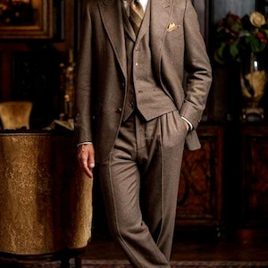 1920&#39;s Vintage Retro Brown Woolen 3 piece Suit for Men Winter Suit Business Wool Suit for Men
