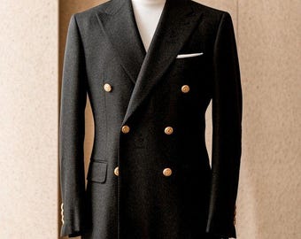 Classic Black Wool Double Breasted Blazer: Peak Lapel, Satin Lined