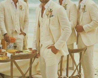 Groomsmen's Cream Linen 3 Piece Suit:  Summer Wedding Attire.