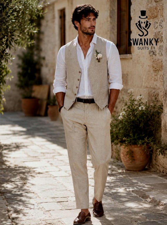 Groomsmen's Beige linen Vest pant set : Summer Beach Wedding Suit.