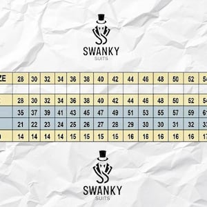 May include: A size chart for Swanky Suits, displaying pant sizes from 28 to 58. Measurements include pant waist, hip, thigh, and hem width in inches. The Swanky Suits logo is at the top and bottom.