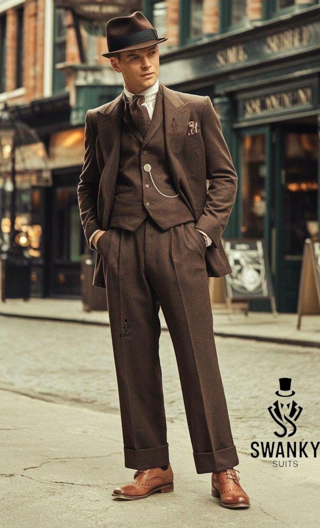 メンズレトロブラウンツイード3ピーススーツ：冬のビジネススタイル