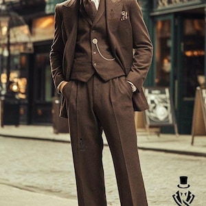 Herren Retro Braun Wolle 3 Teiliger Anzug für Herren Winteranzug Business Wollanzug für Herren