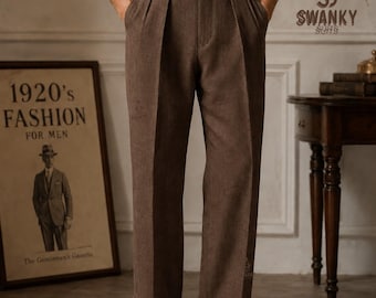 Vintage 1920's Brown Linen Double Pleated Trousers : Summer Straight Fit pant.