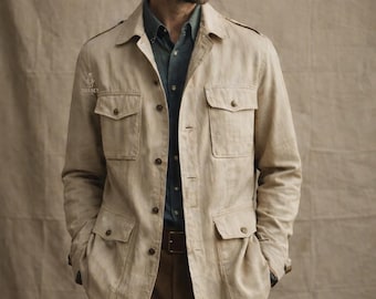 Zomerlinnen safarijas met kraag: oversized ongevoerd reisjack