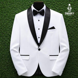 Premium White Tuxedo Black Satin Shawl Lapel Jacket for Dinner, Party, Wedding Coat for Men Prom Night Tuxedo for Men