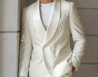 Ivory White Double Breasted Tuxedo, Shawl Lapel 2 Piece Suit