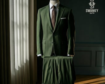 Men's Olive Green Suit: Notch Lapel, Satin Lined - 2 Piece