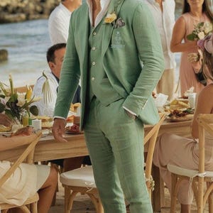 Groomsmen&#39;s Wedding Green Linen 3 Piece Suit for Men Summer Wedding, Ceremony, Casual Linen Suit for Men.