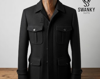 Classic Black Tweed Safari Jacket, Four Pocket Shirt Collar Coat.
