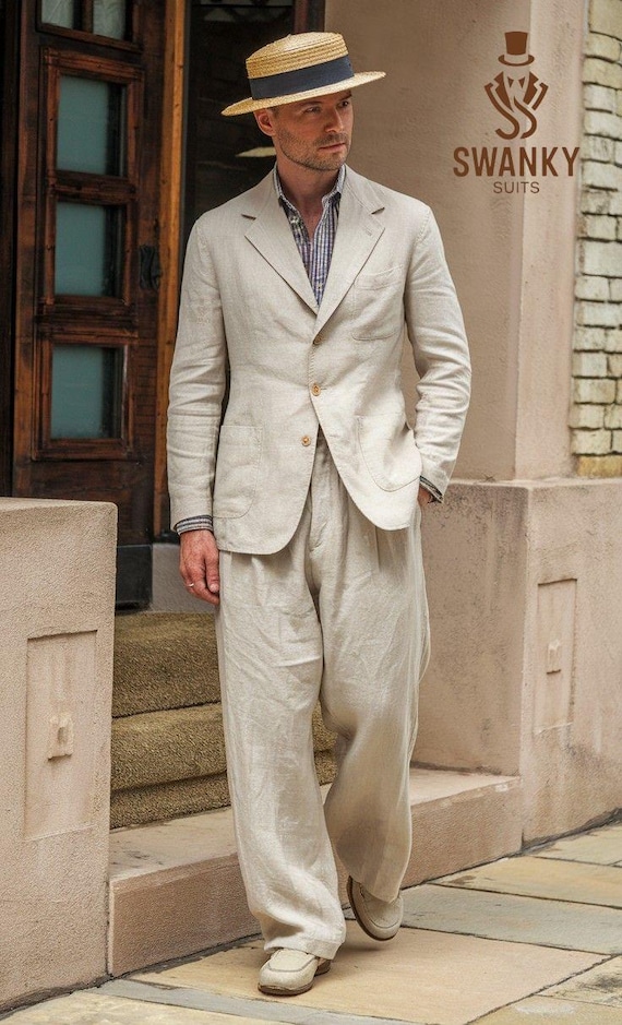 1920s Vintage Beige Linen Suit: Men's Loose Fit Summer Two-Piece