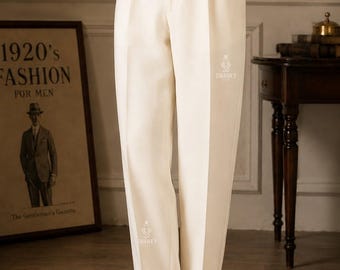 High Waist Navy Blue Wool Blend Double Pleated Trousers : Straight Fit pant.