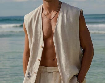Men's Beige Vest Pant Set: Summer Beach Suit