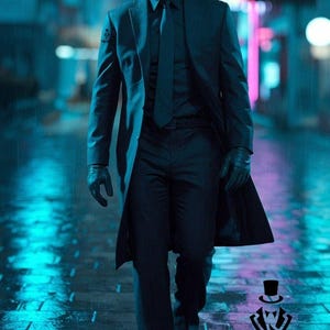 May include: A man in a black suit, tie, and overcoat walks down a wet street. The image is in a cinematic style, with neon lights in the background. The logo for "Swanky Suits" is visible at the bottom.