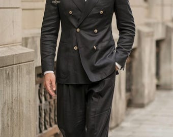 Men's Black Linen Suit: Classic Double Breasted Peak Lapel, 2-Piece Satin Lined