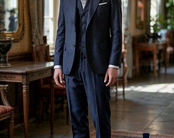 Vintage Men's Navy Blue Wool 3-Piece Suit: Classic Winter Business Attire