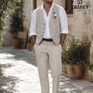 Groomsmen's Beige linen Vest pant set : Summer Beach Wedding Suit. image 1