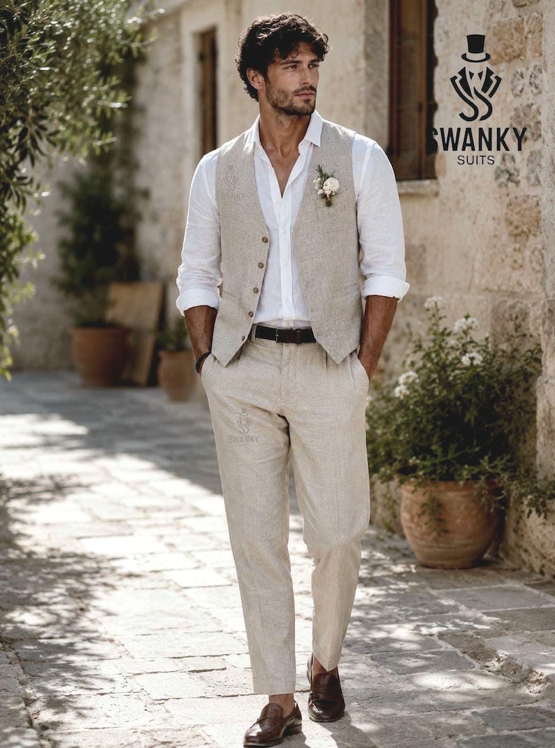 Groomsmen's Beige linen Vest pant set : Summer Beach Wedding Suit. image 1