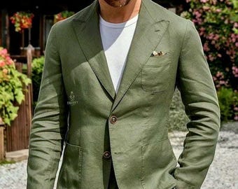 Men's Vintage Olive Green Linen Suit: 2-Piece Single Breasted
