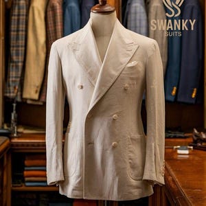 Premium Classic Beige Linen Double Breasted Peak Lapel Blazer for Men Summer Linen Blazer for Men.