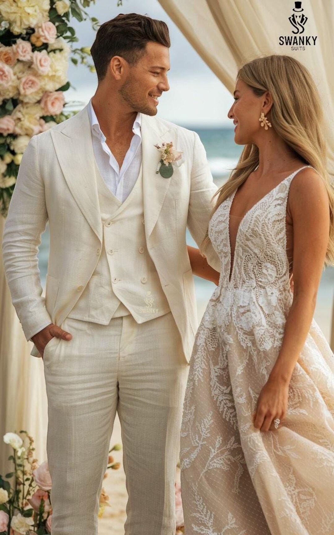 Cream Linen Cotton 3-Piece Suit Set
