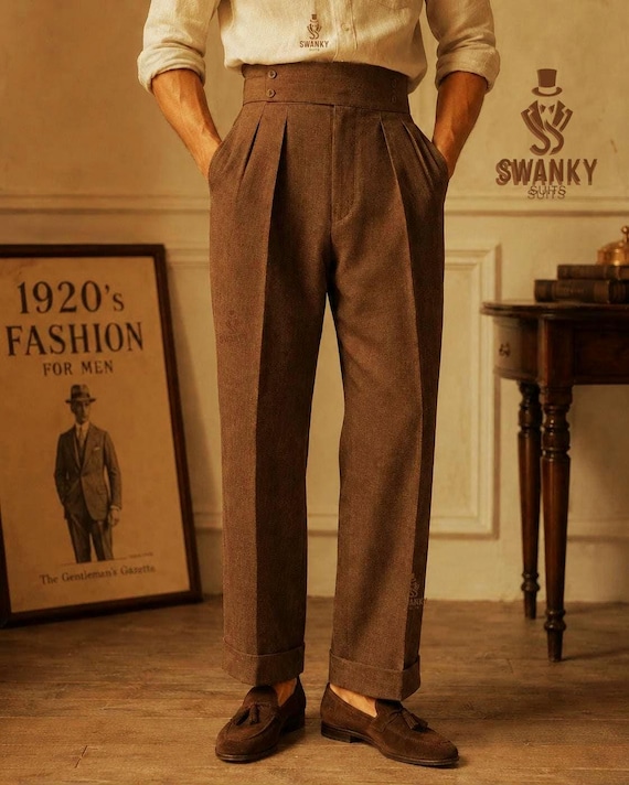 Vintage 1920's Brown Linen Double Pleated Trousers : Summer