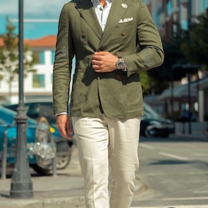 Men's Vintage Linen Suit: Olive Green Blazer, Off White Pants
