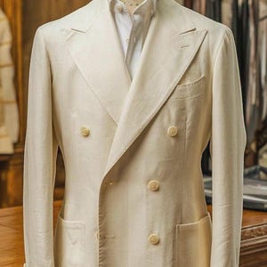 Vintage Creme Leinen Zweireihiger Blazer: Herren Revers