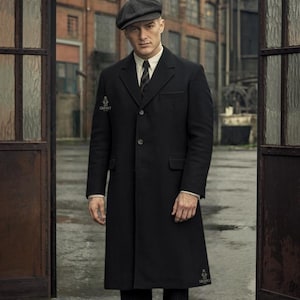 Men&#39;s Vintage Black Tweed Single Breasted Overcoat for Men Peak Blinders LongCoat for Men.