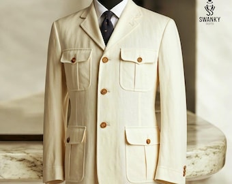 Herren Creme Leinen Safari Jacke: Vier Taschen Reisejacke