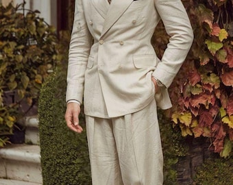 Men's Beige Linen Double Breasted 2 piece Suit: Classic Peak Lapel, Summer Business