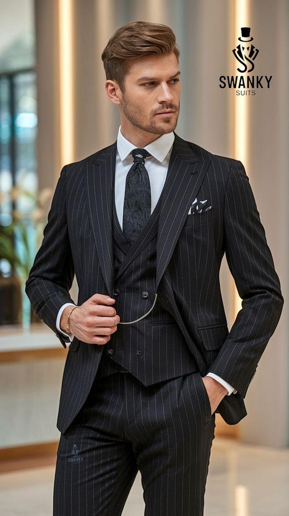 Men's Premium Black Pinstripe 3-Piece Suit, Satin Lined