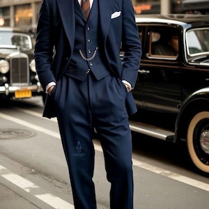 Men&#39;s Classic Navy Blue Wool Herringbone 3 piece Suit for Men Winter Suit Business Suit for Men.
