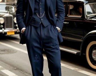 Men's Navy Blue Wool 3-Piece Suit: Classic Winter Business Attire