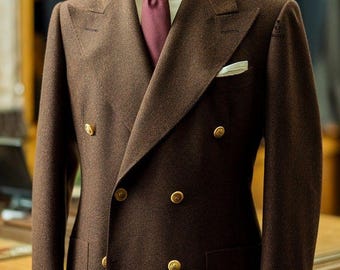 Classic Brown Wool Blazer: Double Breasted Wide Lapel Blazer.