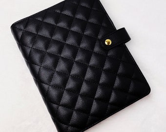 A5/Half Letter Size Quilted 30mm 6 Ring Planner Luxurious Soft Vegan Litchi Leather Black Beige Pink with Gold and Silver Hardware