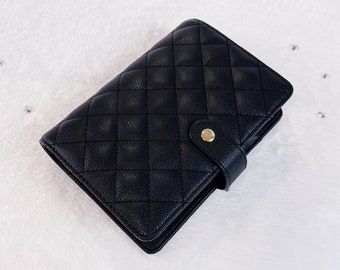 Personal Size Quilted 30mm 6 Ring Planner Luxurious Soft Vegan Litchi Leather Black Beige Pink with Gold and Silver Hardware