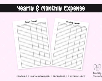 6 Sizes | Yearly and Monthly Expense | Printable Inserts for 6 Hole Ring Binder Planner | Pocket Personal Personal Wide B6 A5 Half Letter