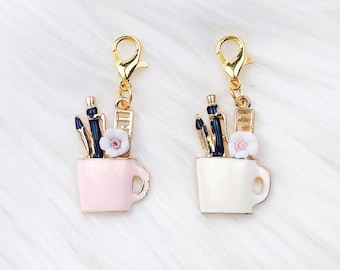 Pen&#39;s in Mug | Planner Charm | Clip or Clasp | Planner Decor Accessory | Enamel Charm for Planner Traveler&#39;s Notebook