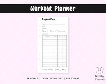 6 Sizes | Workout Planner | Printable Inserts  For 6 Hole Ring Binder Planner | Pocket Personal Personal Wide B6 A5 Half Letter