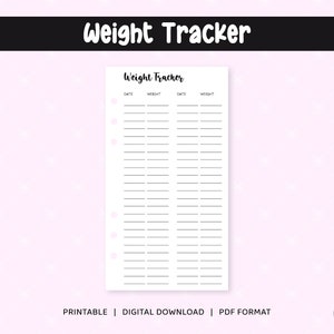 Op de afbeelding: Printbare gewichts tracker met twee kolommen voor datum en gewicht. De tracker heeft een eenvoudig ontwerp met zwarte tekst op een witte achtergrond.