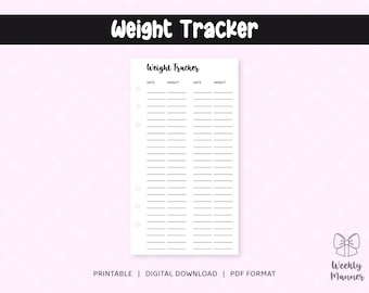 6 tamaños / Weight Tracker / Insertos imprimibles para 6 Hole Ring Binder Planner / Pocket Personal Personal Wide B6 A5 Media Carta