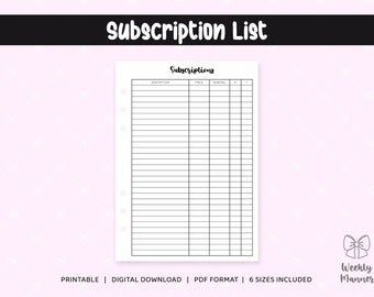 6 tamaños / Lista de suscripción / Inserciones imprimibles para el planificador de carpetas de anillos de 6 orificios / Bolsillo, Personal, Personal ancho, B6, A5, Media carta