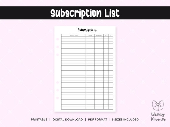 6 Sizes | Subscription List | Printable Inserts for 6 Hole Ring Binder Planner | Pocket, Personal, Personal Wide, B6, A5, Half Letter