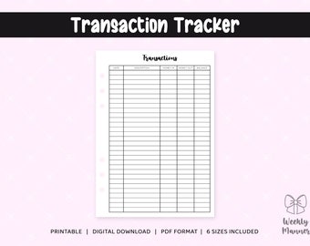 6 tamaños / Rastreador de transacciones / Inserciones imprimibles para el planificador de carpetas de anillos de 6 agujeros / Pocket Personal Personal Wide B6 A5 Media Carta