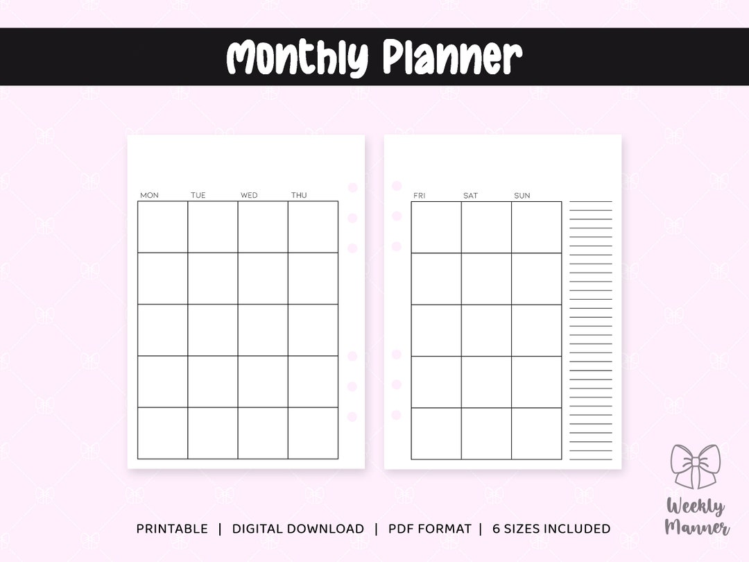 6 Sizes | Monthly Planner | Printable Inserts for 6 Hole Ring Binder ...