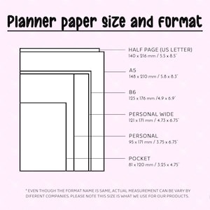 K&ouml;nnte beinhalten: Diagramm, das verschiedene Planerpapiergr&ouml;&szlig;en in Millimetern und Zoll zeigt. Die Gr&ouml;&szlig;en umfassen Halbseite (US Letter), A5, B6, Pers&ouml;nlich Breit, Pers&ouml;nlich und Tasche.