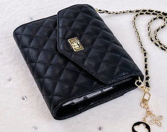 WOC Planner Personal/Personal Wide/B6  Quilted 30mm 6 Ring Wallet Crossbody Purse Vegan Leather Black Beige Pink with Gold Silver Hardware